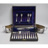 Six pairs of silver plated and engraved dessert knives and forks, with server, mother of pearl