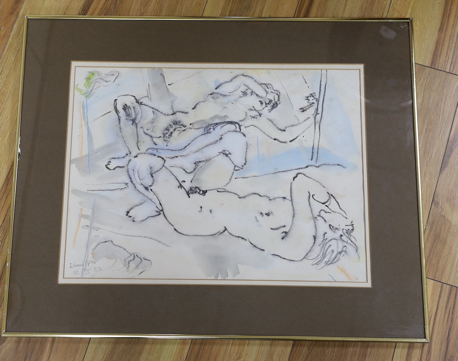 Edward Piper (1938–1990), charcoal and pastel on paper, a study of a recumbent figure gazing in - Image 2 of 3