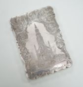 A Victorian silver card case by Nathaniel Mills, the front panel engraved with The Scott Memorial,