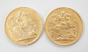 Two Victoria gold sovereigns, 1895 & 1899.