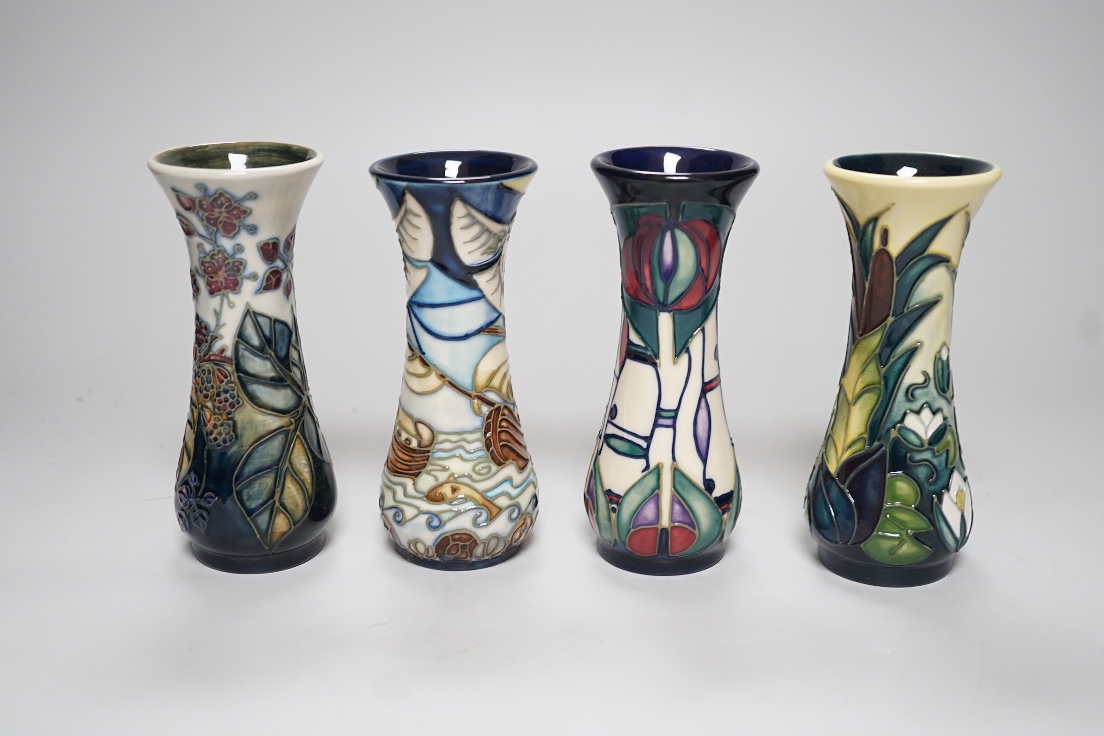 Four boxed small Moorcroft vases, Blackberry, Bulrush, Winds of Change, and a Rennie Macintosh - Image 3 of 4