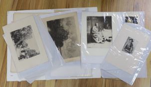 A folio of assorted prints, including an A. Legros etching, a Brangwyn autolithograph - The Mine and