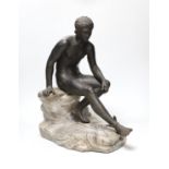 After the Antique, a late 19th century bronze figure of Mercury, seated on a grey marble