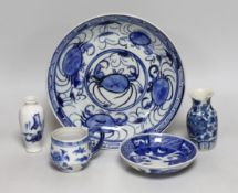 Two Chinese blue and white miniature vases, a cup and saucer and dish, largest dish 22cms diameter