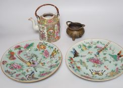 A pair of Chinese celadon ground famille rose plates, a Chinese famille rose tea pot and a bronze