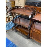 A Victorian rosewood three tier whatnot, width 76cm, depth 40cm, height 114cm