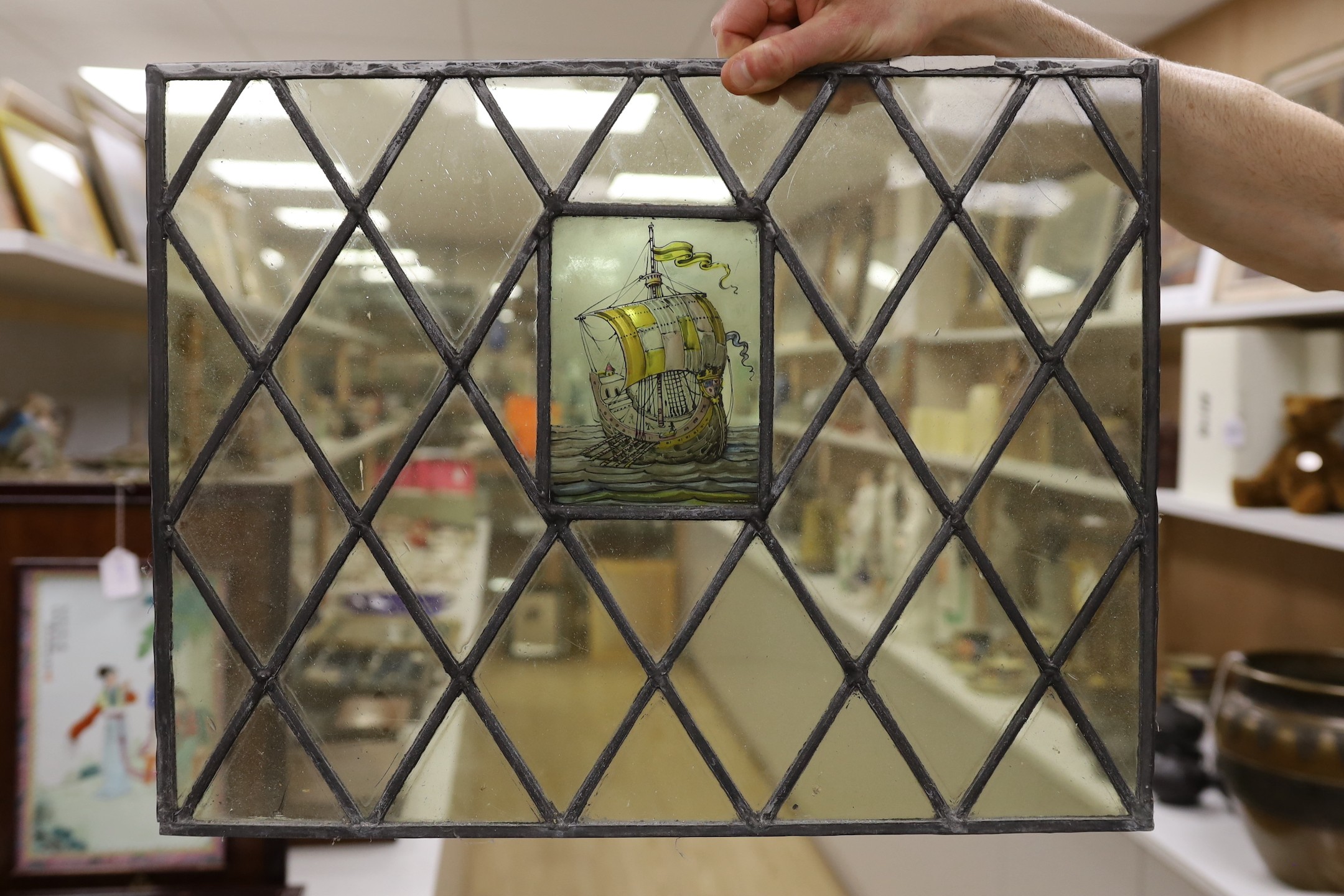 Four late 19th century leaded and stained glass panels, various sizes, with central cartouche - Image 3 of 3