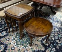 A Queen Anne revival nest of three walnut tea tables, width 58cm, depth 44cm, height 58cm together