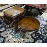 A Queen Anne revival nest of three walnut tea tables, width 58cm, depth 44cm, height 58cm together