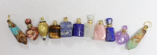 Eleven assorted gilt metal mounted hardstone and semi-precious stone small scent bottles,
