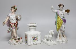 Two German porcelain figures, tallest 31cms high, a Fraureuth model of a dachshund and a Paris scent