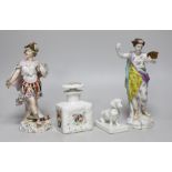 Two German porcelain figures, tallest 31cms high, a Fraureuth model of a dachshund and a Paris scent