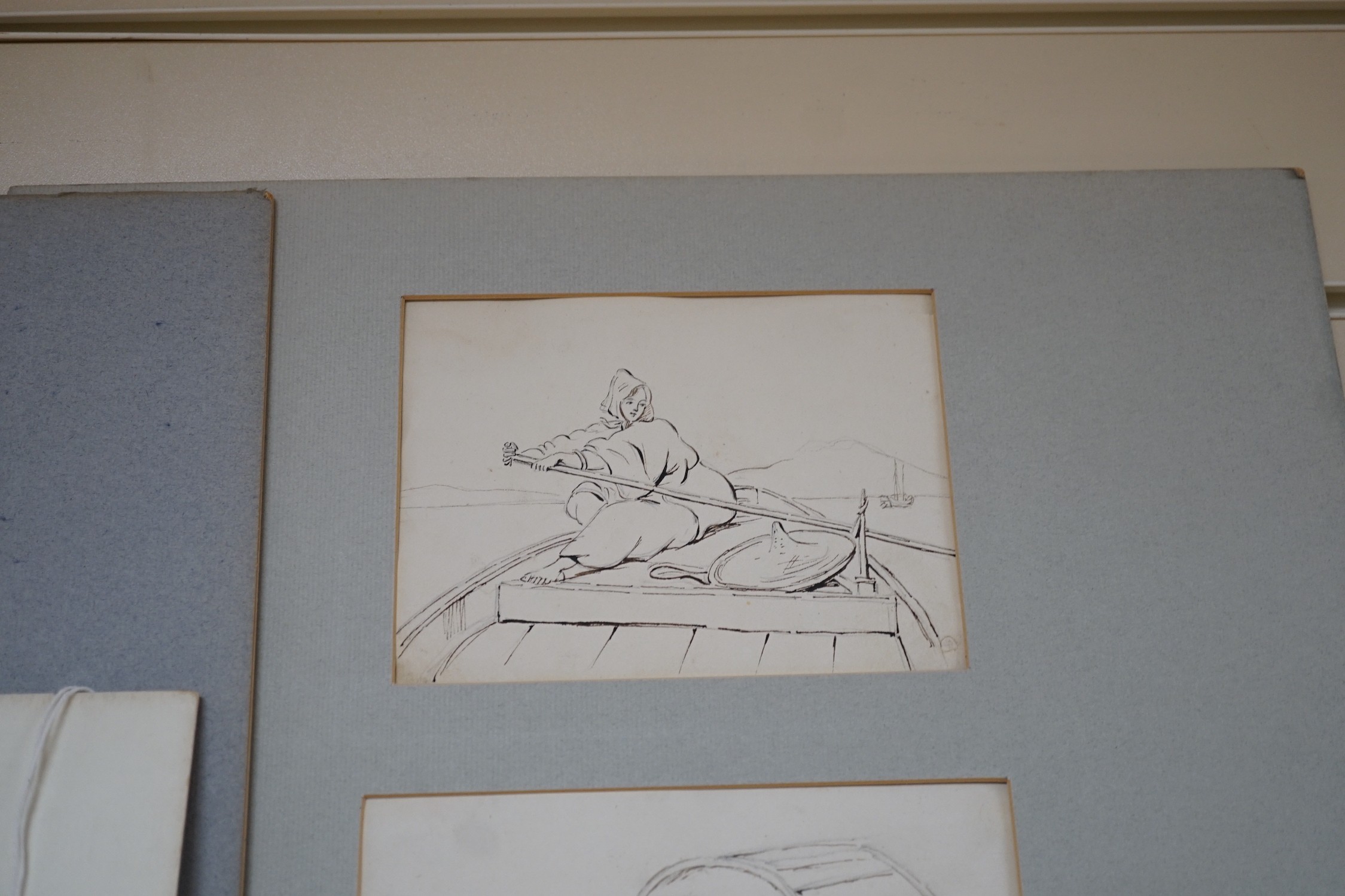 Manner of George Chinnery (1774-1852), six pen and ink drawings, Studies of boatmen, a junk and - Image 5 of 7