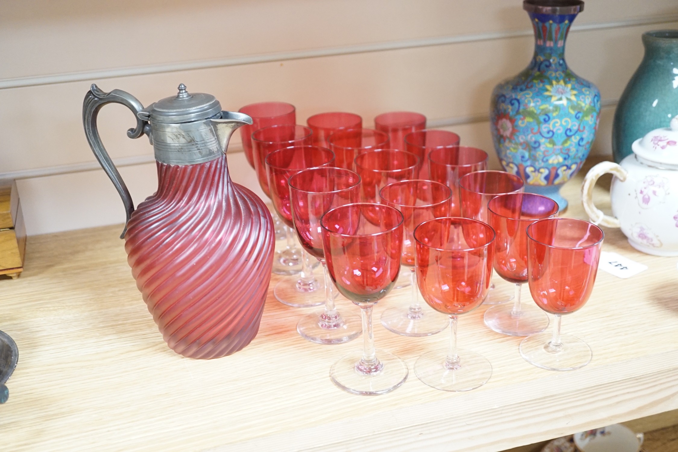 A Victorian wrythen moulded cranberry glass jug, 22cm high, and assorted wine glasses - Image 3 of 3