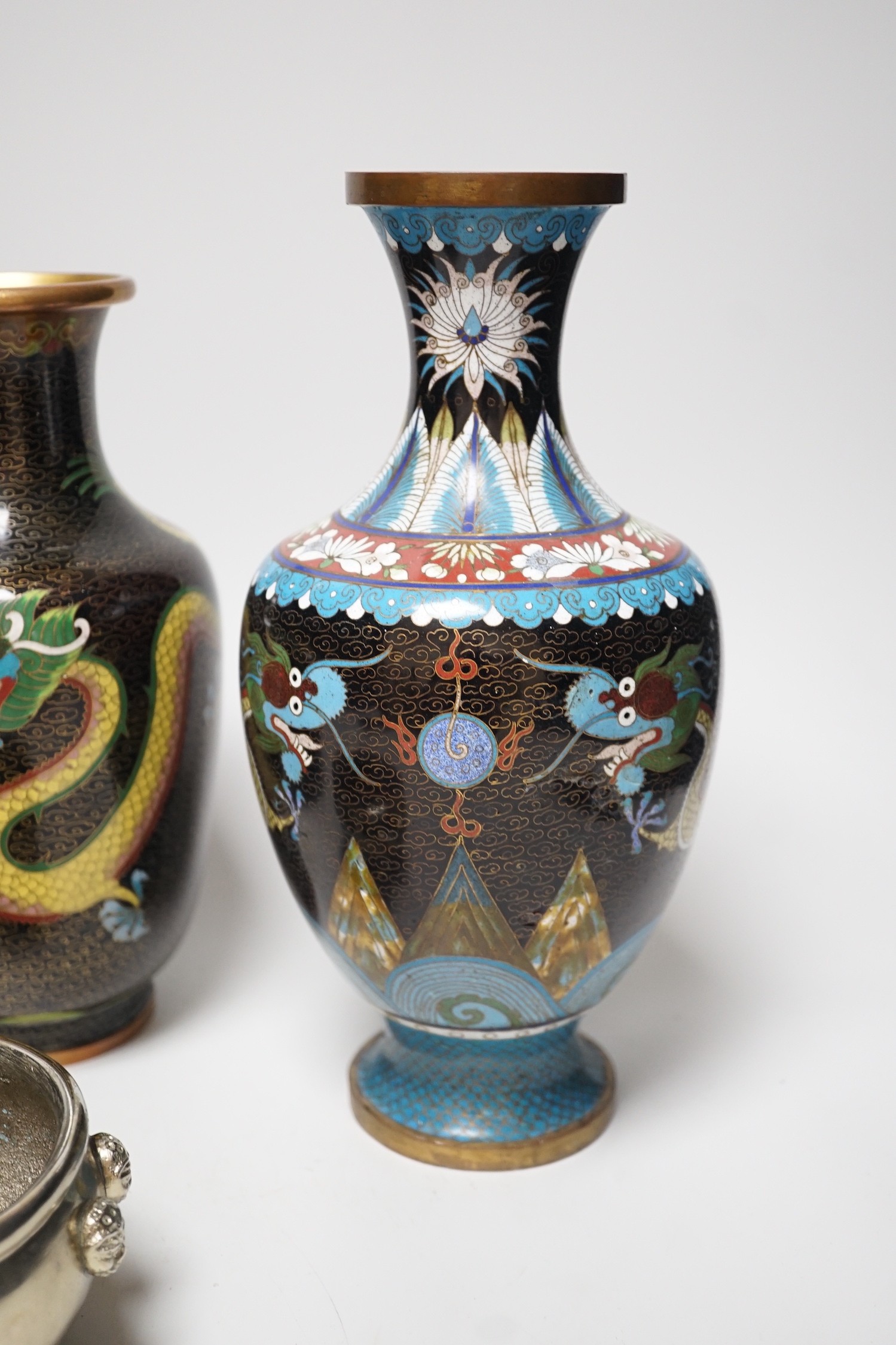 Three Chinese cloisonné enamel vases and a small bronze censer, Tallest 26cm - Image 4 of 10