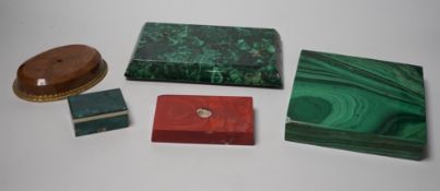A group of malachite and other hardstone plinths and a small casket