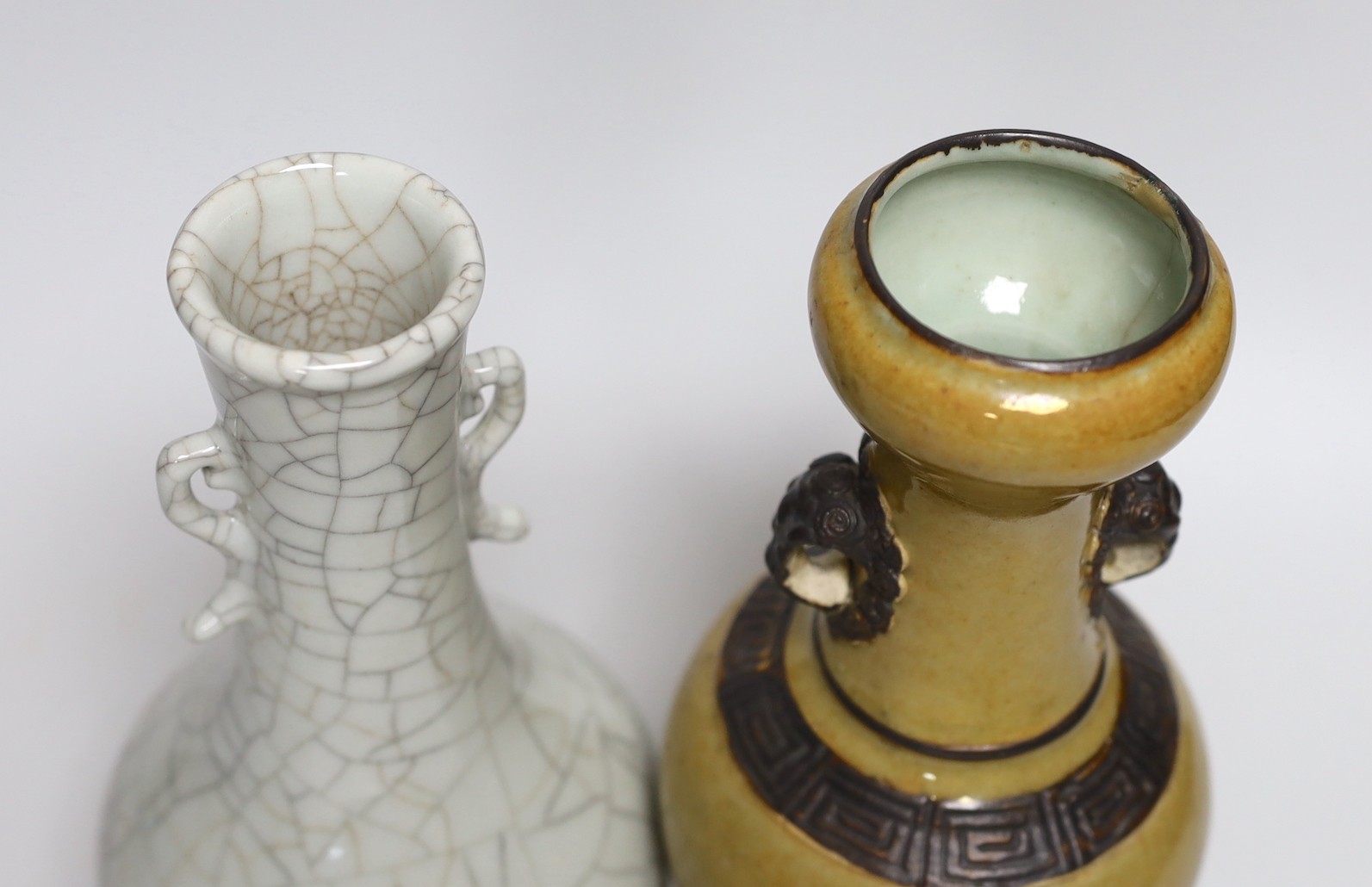 A Chinese crackle glaze vase, 24cms high and a pale brown glazed vase, - Image 3 of 4