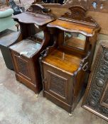 A Victorian mahogany coal purdonium and similar bedside cabinet, larger width 42cm, depth 35cm,