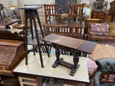 A 1920's small oak draw leaf occasional table, width 41cm, depth 29cm, height 44cm together with