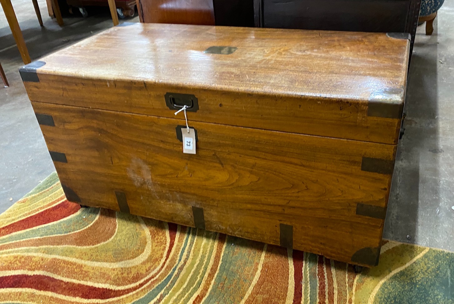 A 19th century brass bound camphorwood trunk with original wicker tray interior, length 103cm, depth