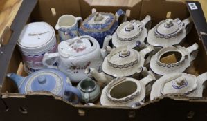 A quantity of various teapots including a pearlware teapot with swan finial, Castleford types, one