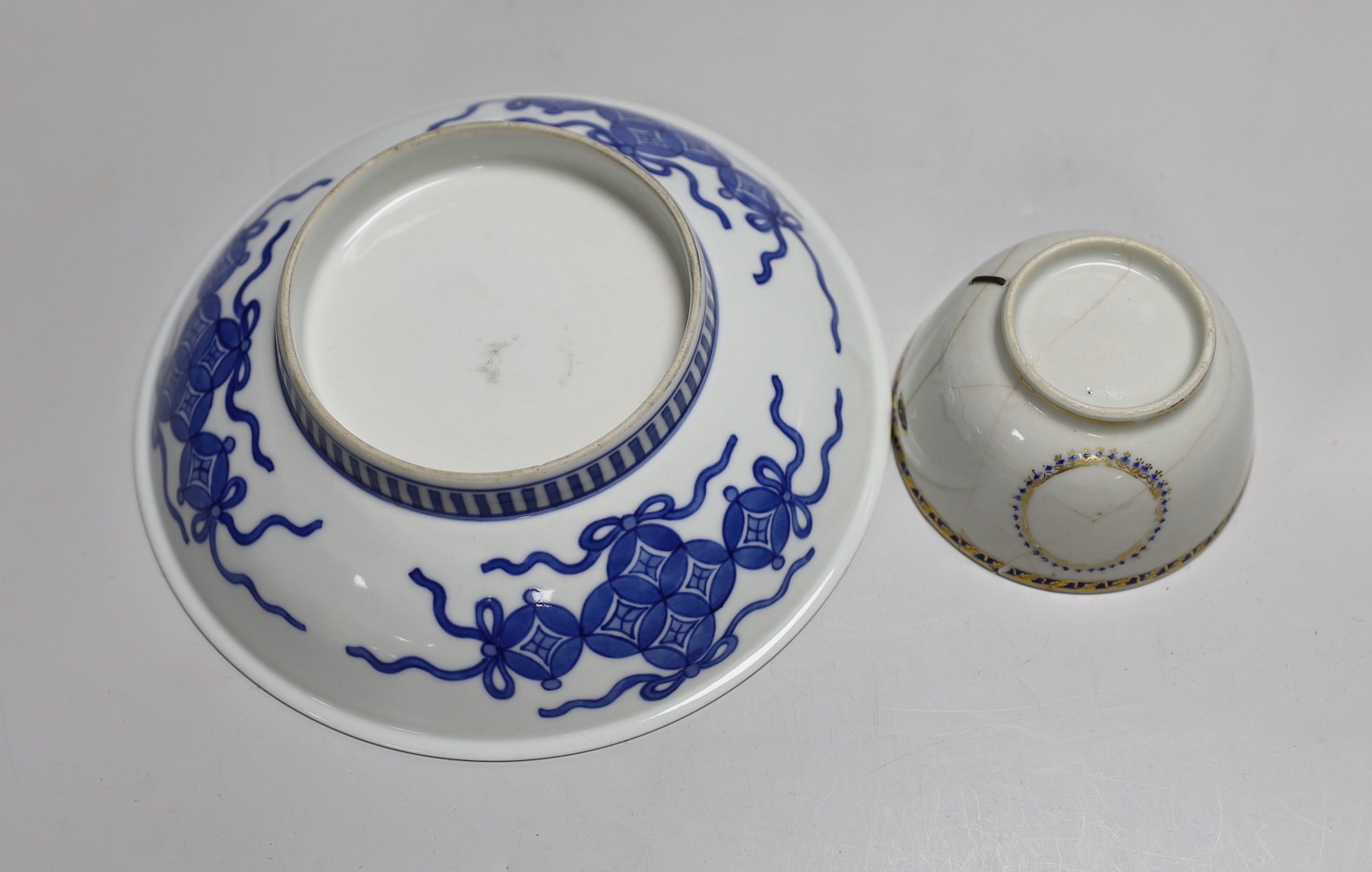 Two Japanese Imari dishes 22cms diameter, a Nabeshima style bowl and a Chinese tea bowl, - Image 4 of 6