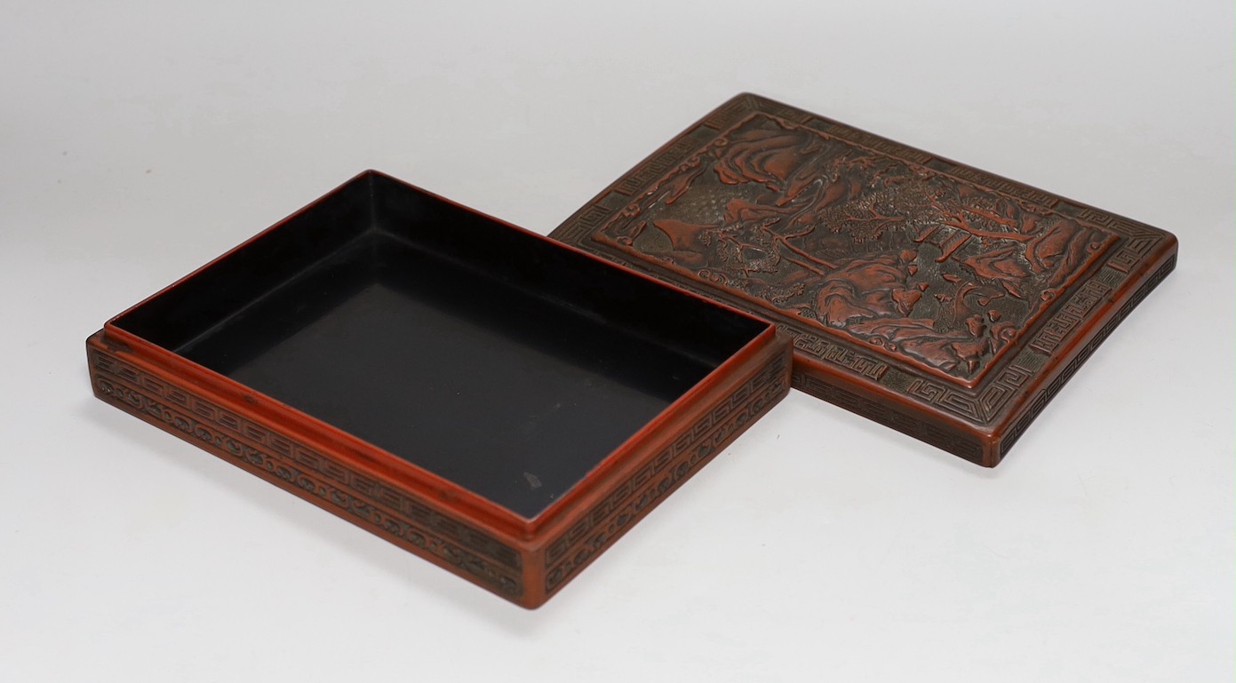 A Chinese rectangular lacquer box, five bowls and an egg shaped box, box 22cms wide x 17cms deep - Image 5 of 5