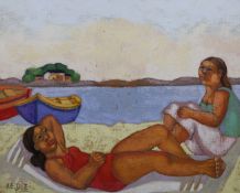 Juana Elena Diz (b.1925), oil on canvas, sunbathers, signed, 40 x 50cm