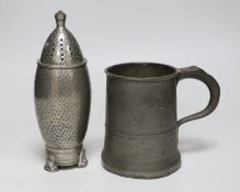 A Frank Cobb & Co pewter sugar castor- 19cms high and a pewter mug