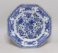 A Chinese blue and white octagonal floral dish, Kangxi period, 36cms diameter, the base with lingzhi