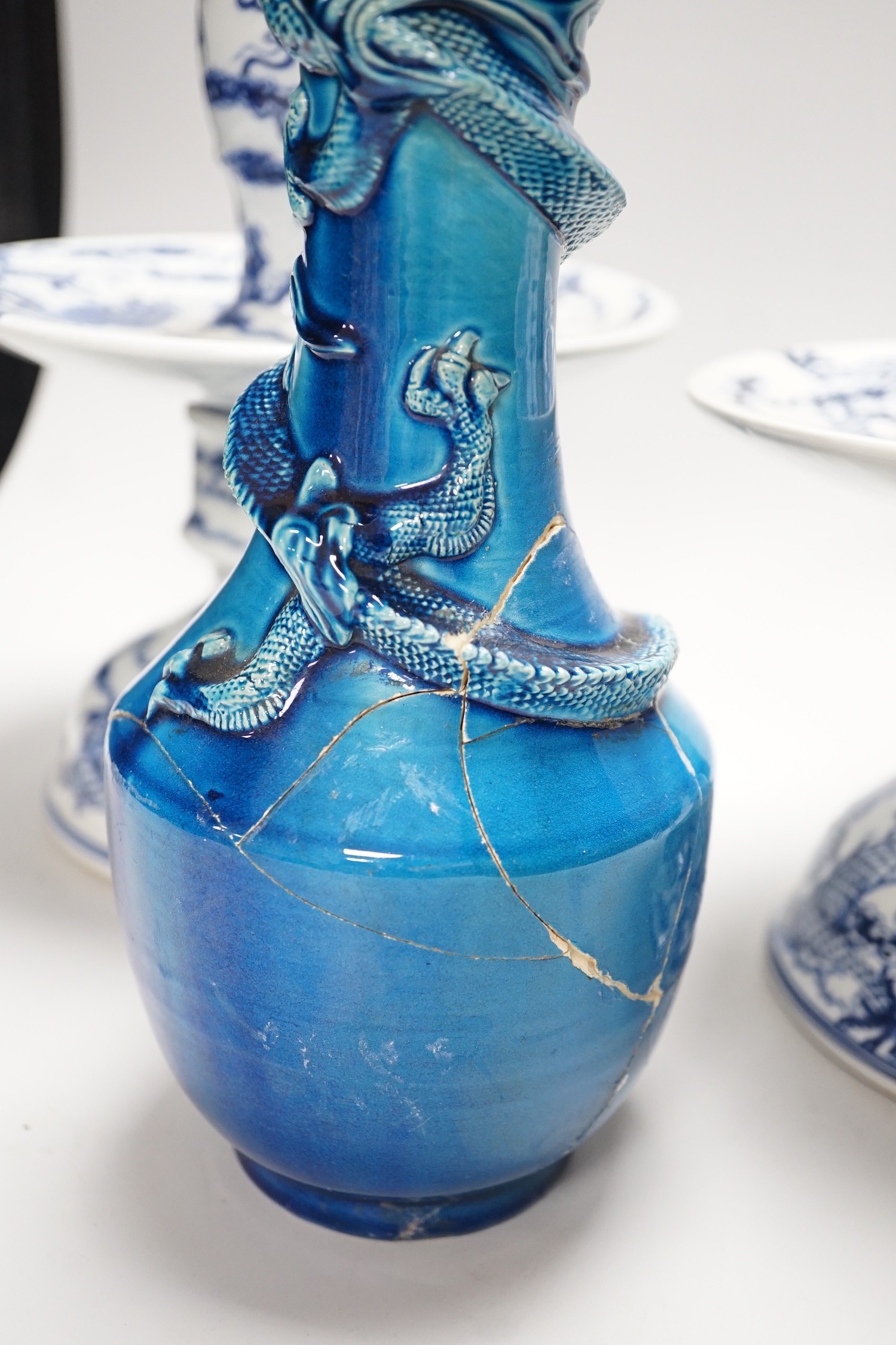 Two Chinese blue and white candlesticks and a turquoise glaze dragon vase, 30cms high - Image 2 of 9