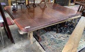 A Victorian mahogany twin pillar dining table, in need of restoration, length 203cm, width 138cm,