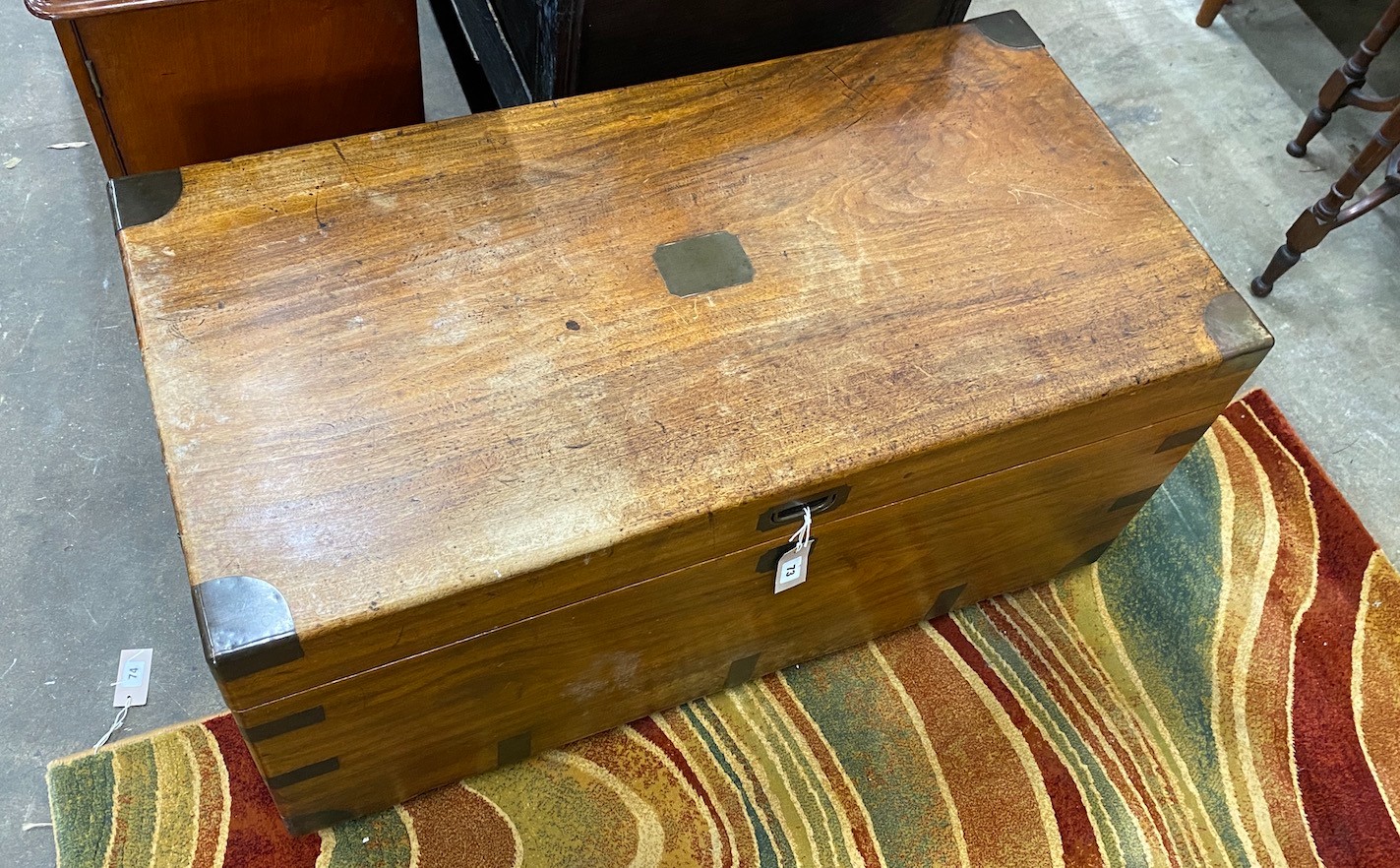 A 19th century brass bound camphorwood trunk with original wicker tray interior, length 103cm, depth - Image 2 of 3