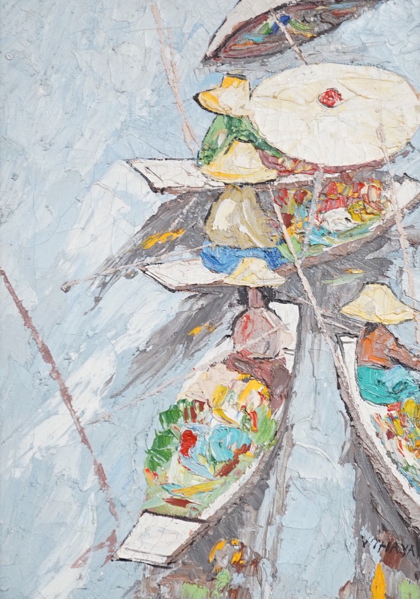 Thai School, oil on canvas, 'Asian water market', signed Vithaya, 34 x 24cm