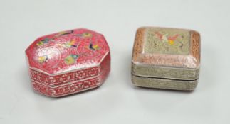 Two early 20th century? Persian white metal and enamelled pill boxes, including octagonal, 35mm.