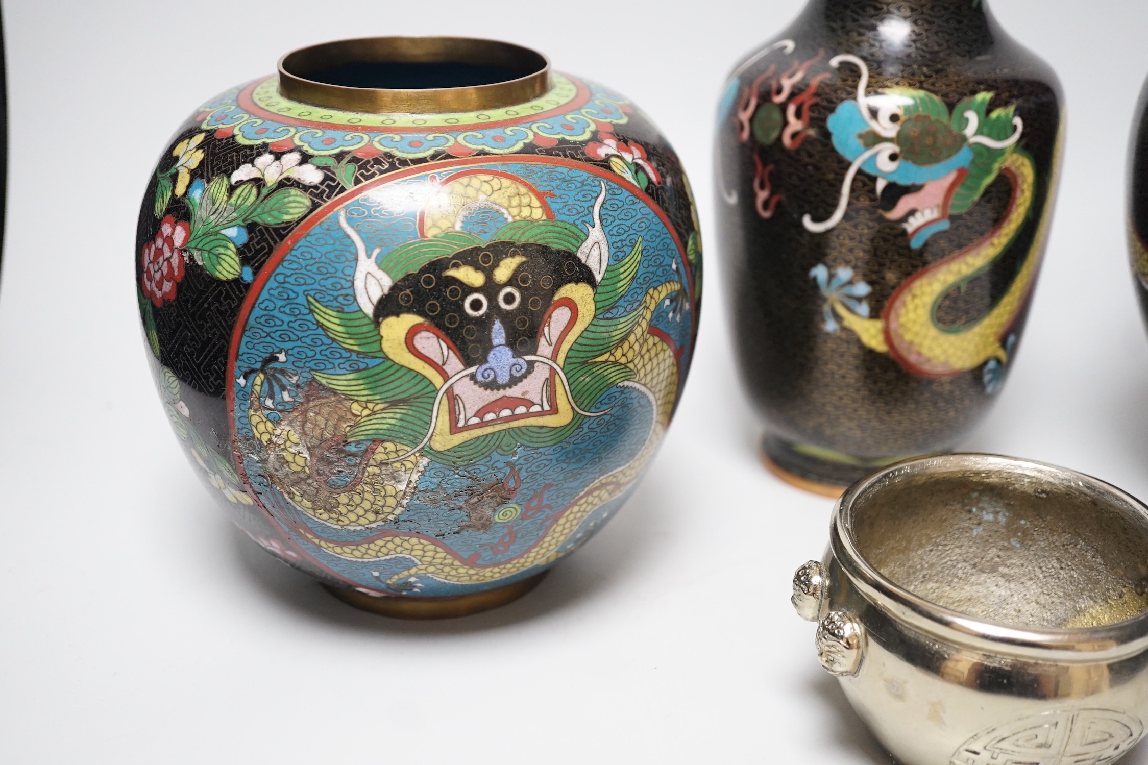 Three Chinese cloisonné enamel vases and a small bronze censer, Tallest 26cm - Image 2 of 10