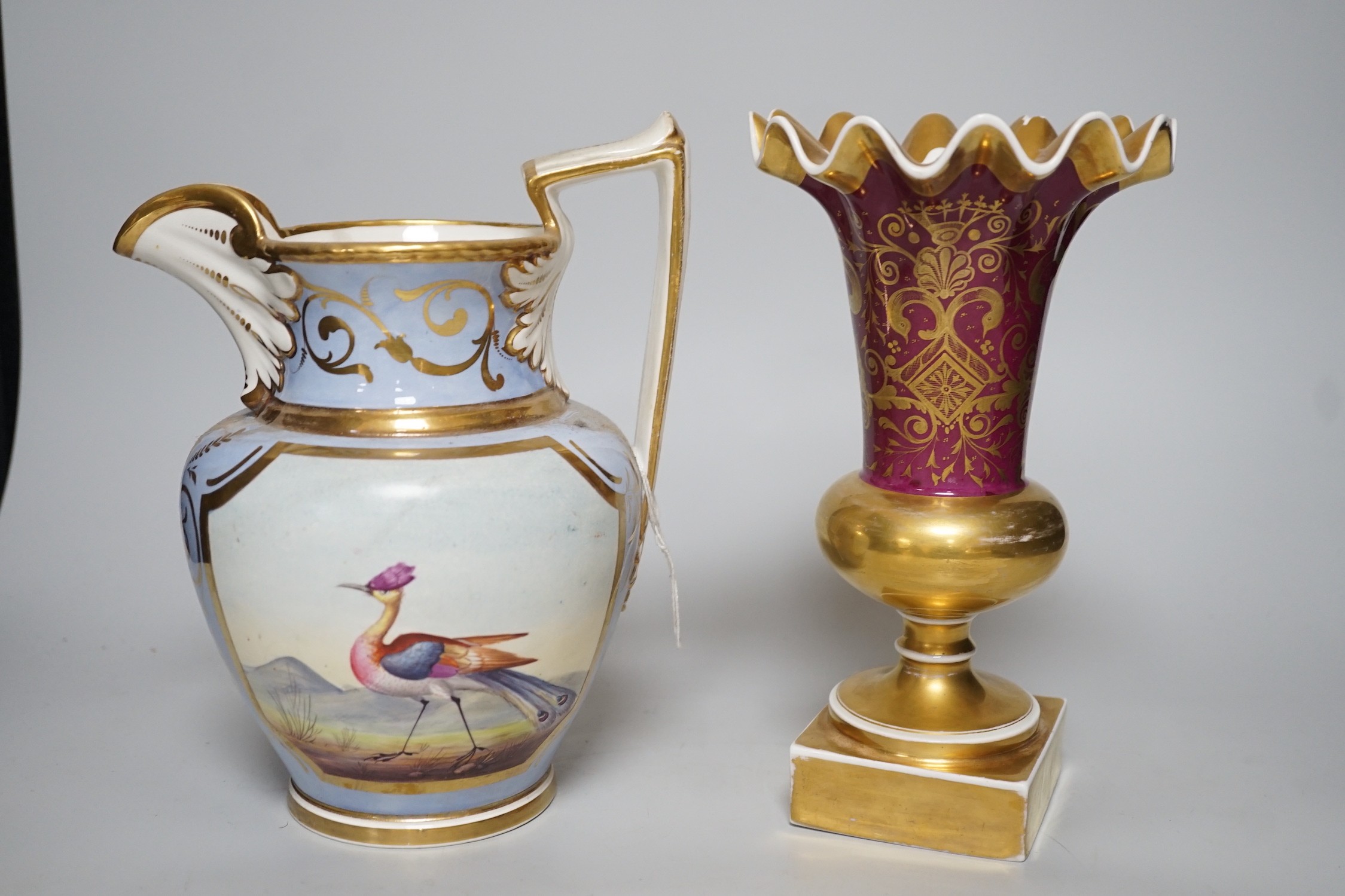 An H & R Daniel jug decorated with exotic birds 22cms high and a floral decorated trumpet vase, - Image 3 of 6