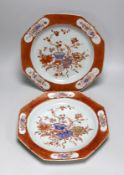 A pair of Chinese rouge de fer and blue enamelled octagonal dishes, early Qianlong period, c.1740,