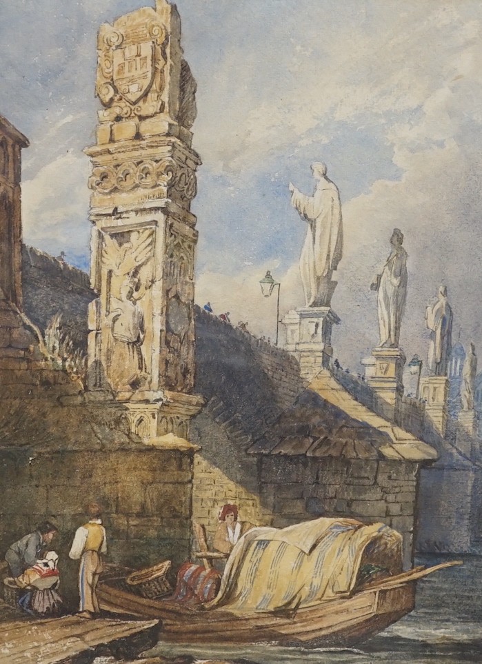 Manner of Samuel Prout, two watercolours, Venetian canal scene and boatmen beside a bridge, - Image 2 of 4