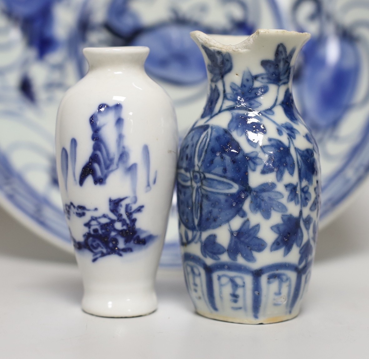 Two Chinese blue and white miniature vases, a cup and saucer and dish, largest dish 22cms diameter - Image 4 of 6