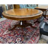 A Regency brass inlaid circular mahogany tilt top breakfast table, diameter 126cm, height 72cm