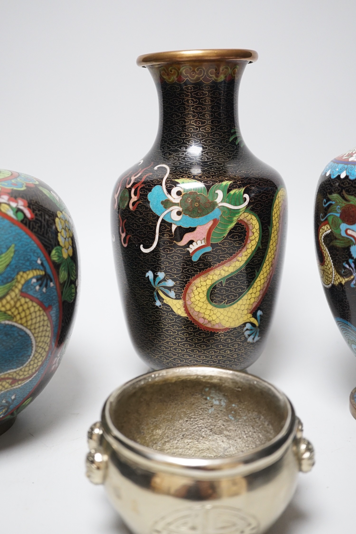 Three Chinese cloisonné enamel vases and a small bronze censer, Tallest 26cm - Image 3 of 10