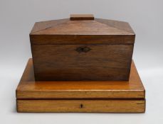 A 19th century rosewood tea caddy and a cased set of 12 plated fish servers, caddy 18cms wide x