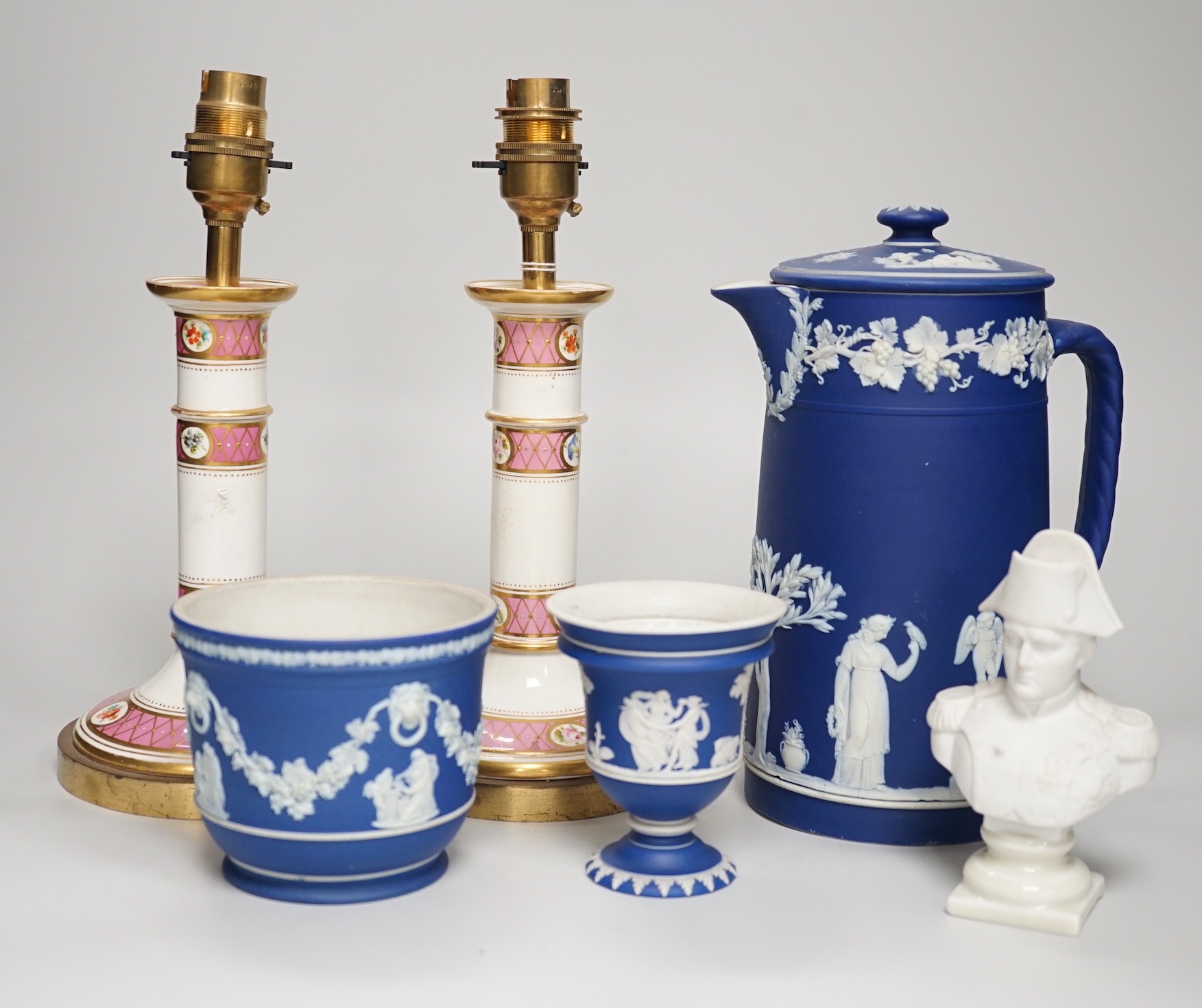 Three mid to late 19th century pieces of Wedgwood Jasperware, including a coffee pot and a small