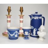 Three mid to late 19th century pieces of Wedgwood Jasperware, including a coffee pot and a small