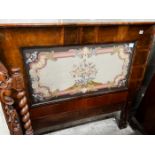 A Victorian rectangular walnut framed headboard with a floral tapestry panel, height 113cm