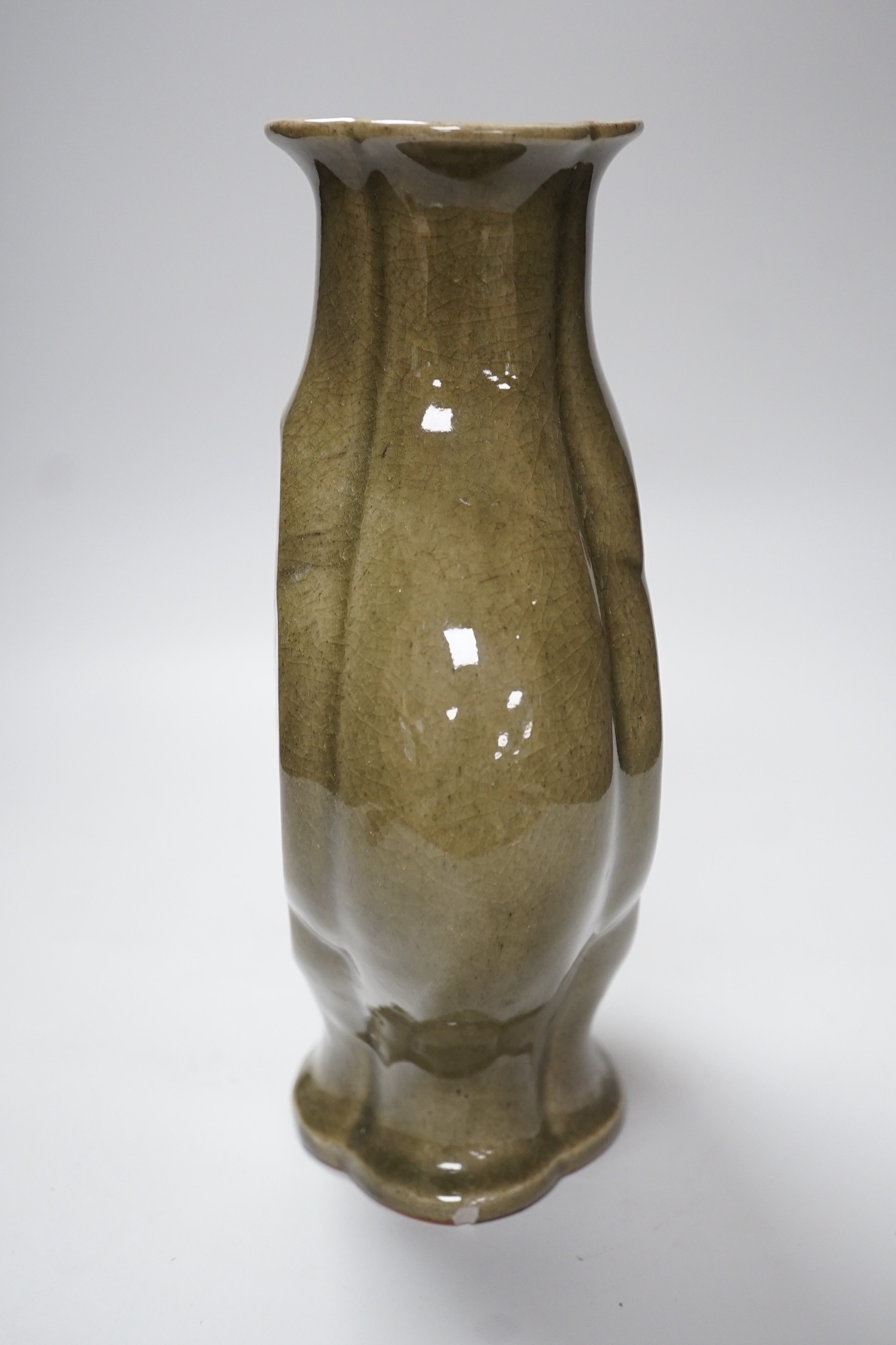 A large Chinese celadon glazed stoneware vase, incised with floral panels, 28cm - Image 2 of 4