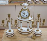 A classical revival white marble and only three-piece clock garniture, early 20th century. 42cm
