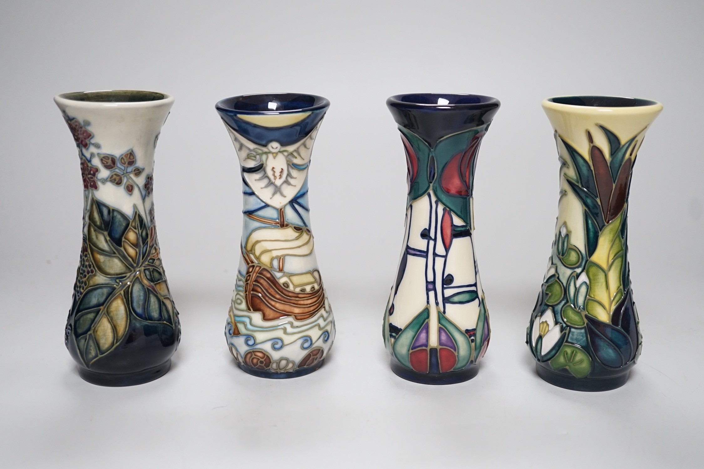 Four boxed small Moorcroft vases, Blackberry, Bulrush, Winds of Change, and a Rennie Macintosh - Image 2 of 4