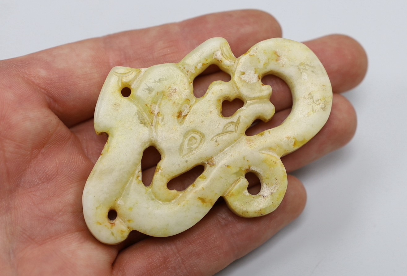 A Chinese pale celadon jade archaistic plaque (huang), a similar plaque and a bowenite jade disc - Image 6 of 7